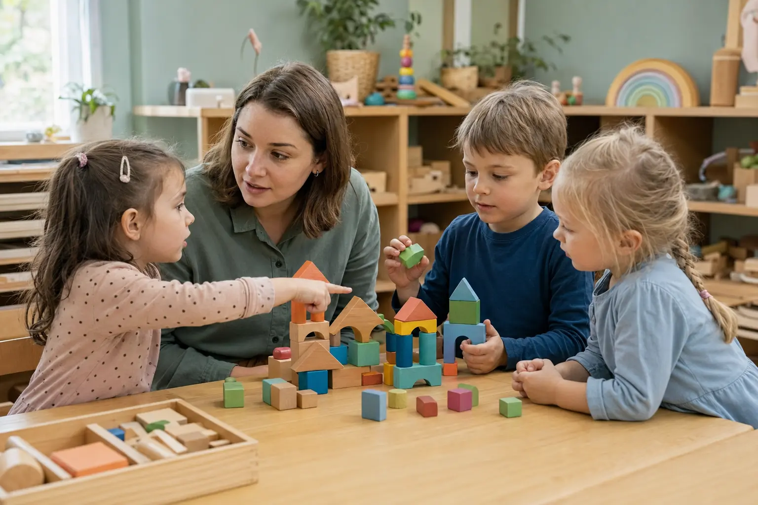 Nauczycielka rozmawiająca z dziećmi podczas codziennej zabawy w przedszkolu