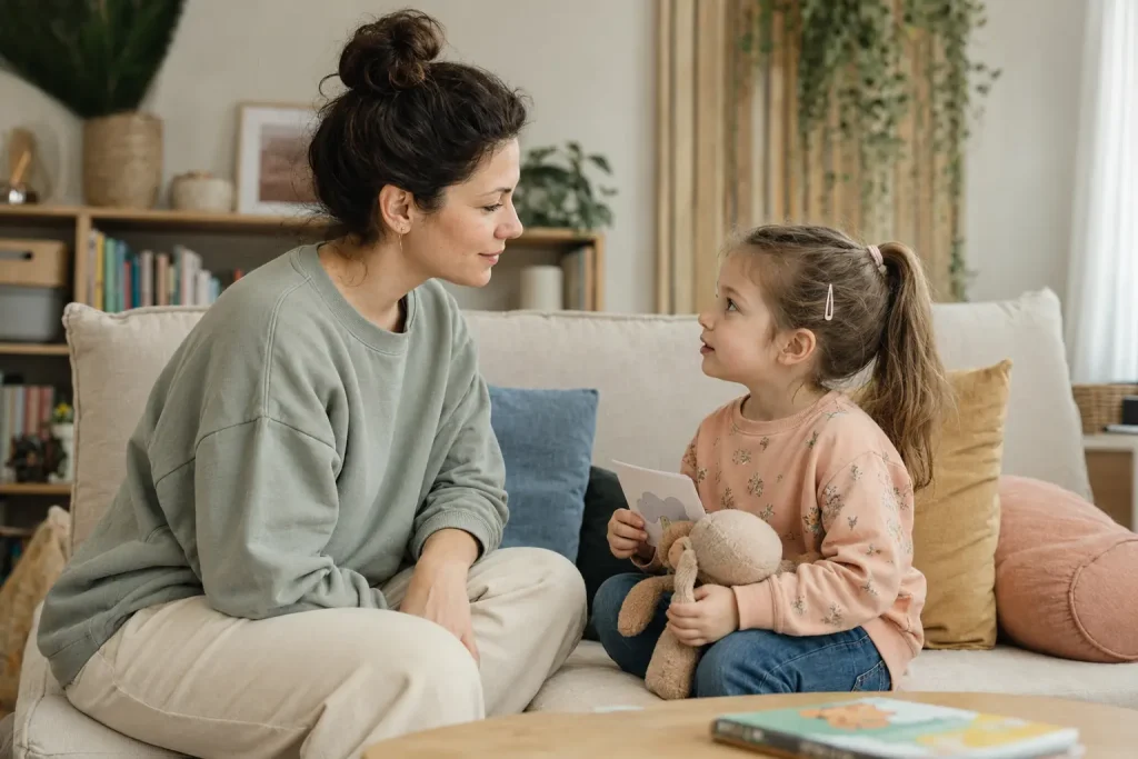 Mama spokojnie rozmawiająca z dzieckiem o terapii i spotkaniu ze specjalistą