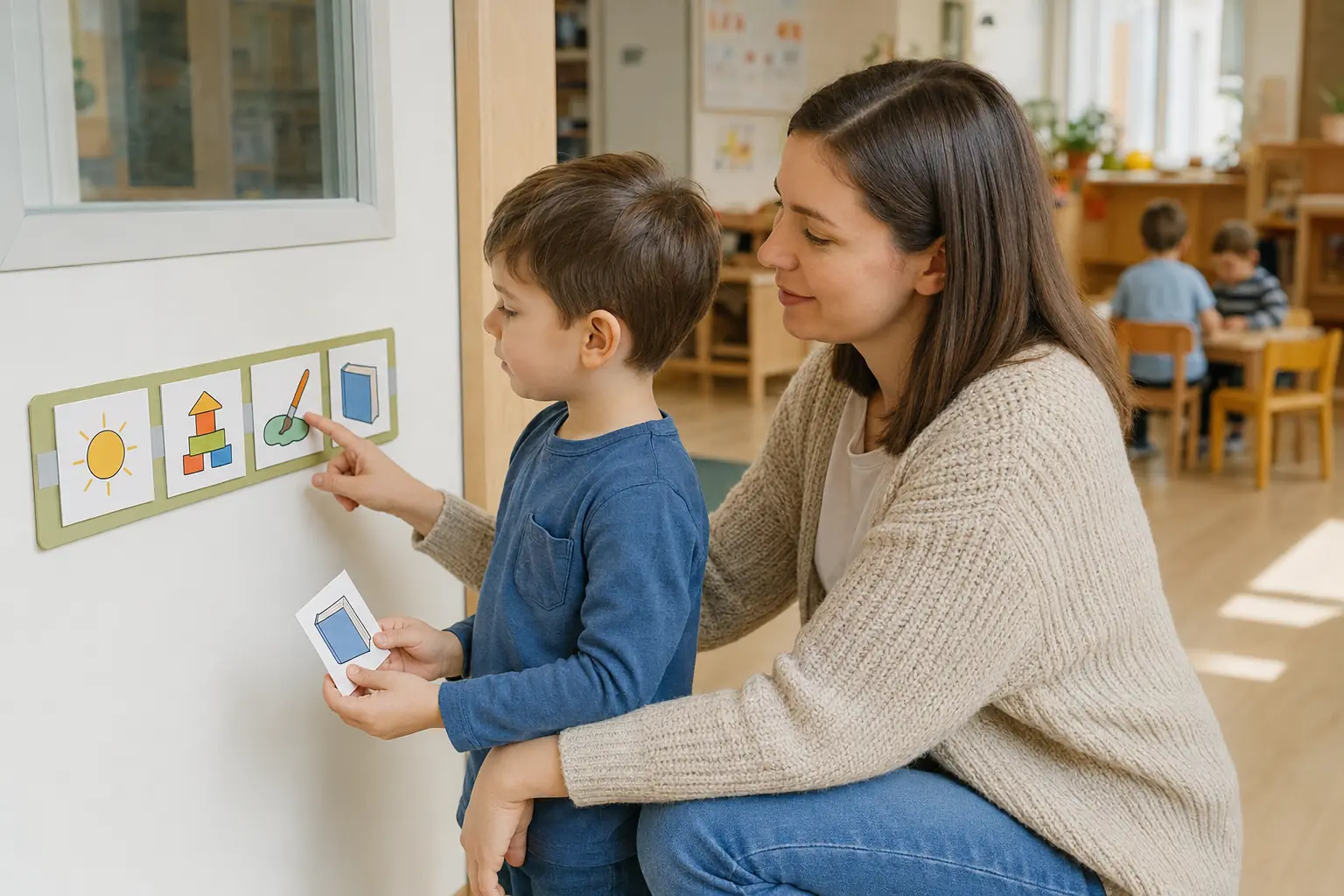 Dziecko z nauczycielką sprawdzające obrazkowy plan dnia w przedszkolu