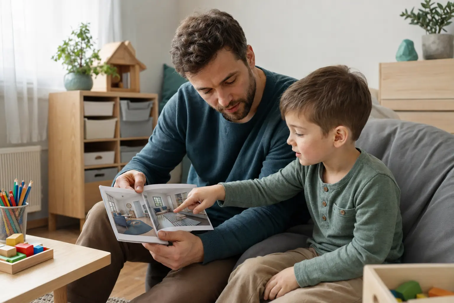 Tata i dziecko oglądający zdjęcia sali przed pierwszym spotkaniem ze specjalistą