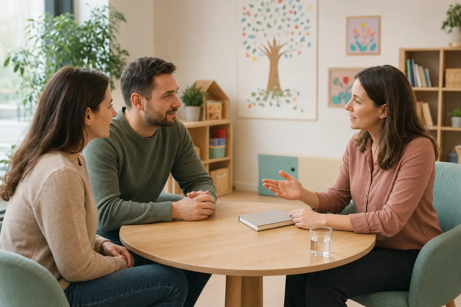 Rodzice podczas rozmowy ze specjalistką przedszkola terapeutycznego