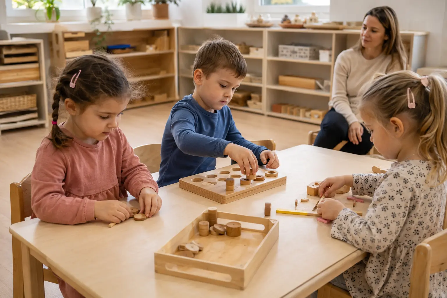 Dzieci pracujące w małej grupie w uporządkowanej i przestronnej sali przedszkolnej