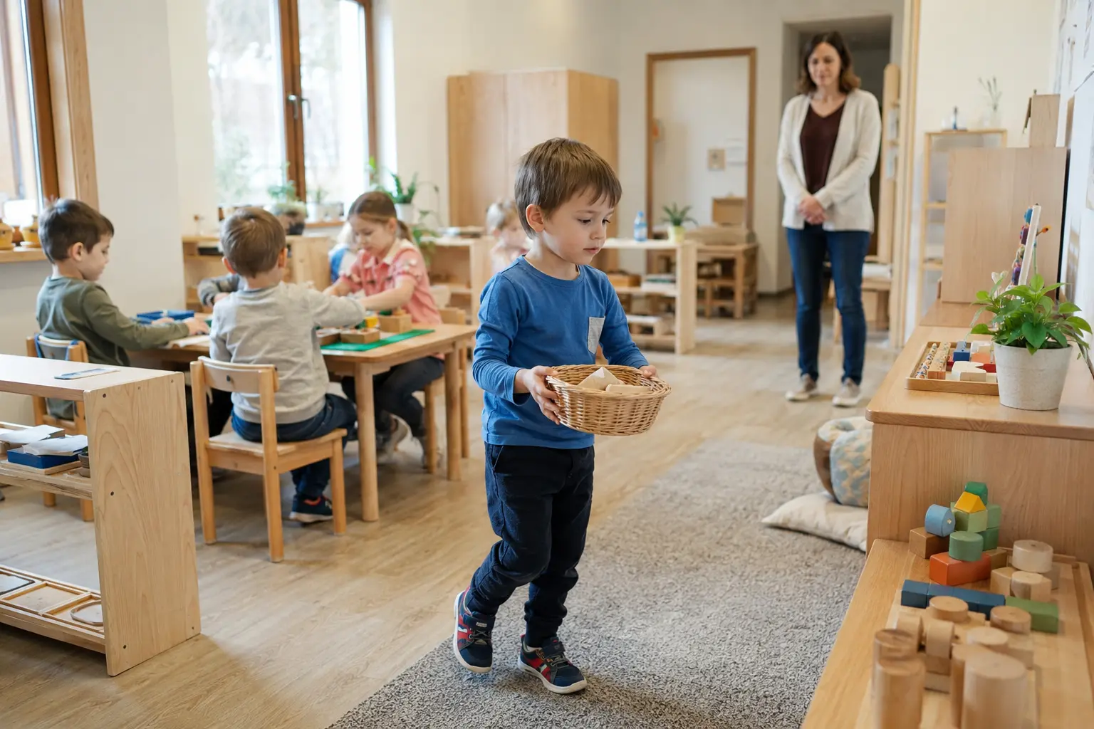 Nauczycielka obserwująca zachowanie dziecka podczas swobodnej zabawy w sali przedszkolnej