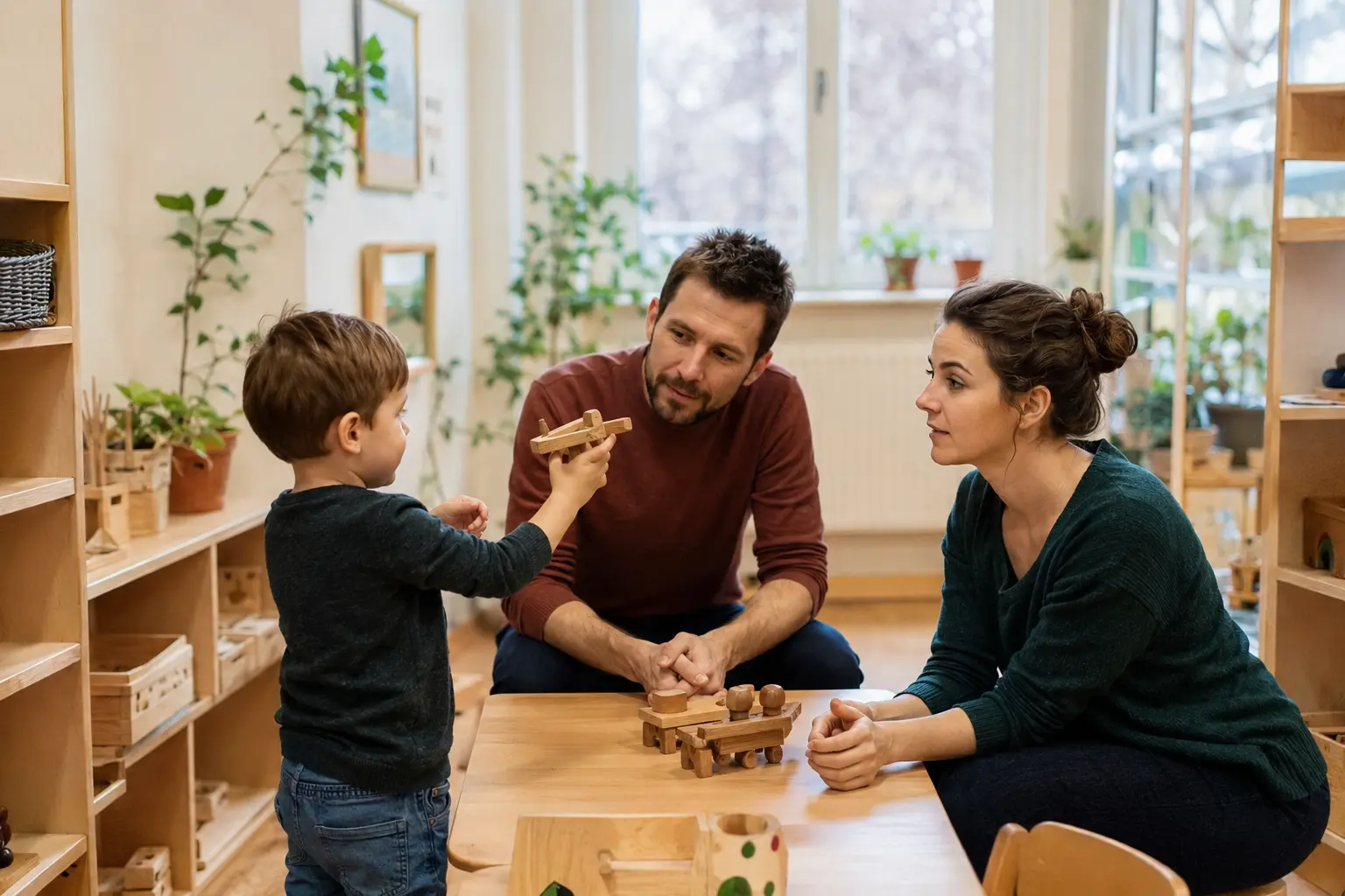 Rodzic rozmawiający ze specjalistką w przedszkolu terapeutycznym przy dziecku